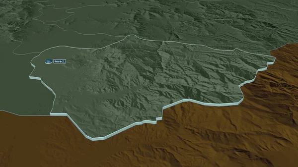 缩小对Novatsi 马其顿共和国市 的控制 斜的角度 用地表水绘制了行政区划的彩色和凹凸的地图 3D渲染 — 图库照片