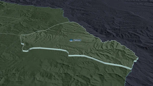 将Pehcevo 马其顿市 的活动范围扩大 斜的角度 用地表水绘制了行政区划的彩色和凹凸的地图 3D渲染 — 图库照片
