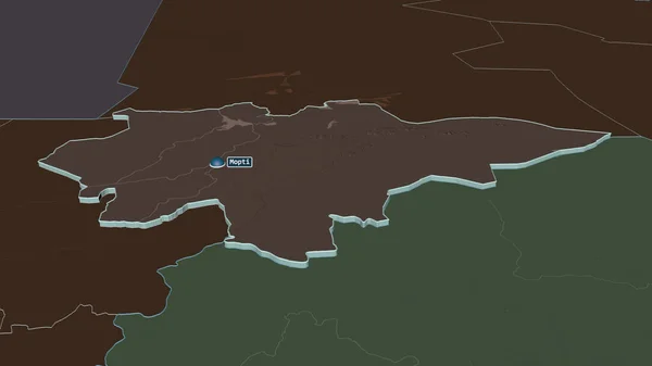 Zoom in on Mopti (region of Mali) extruded. Oblique perspective. Colored and bumped map of the administrative division with surface waters. 3D rendering