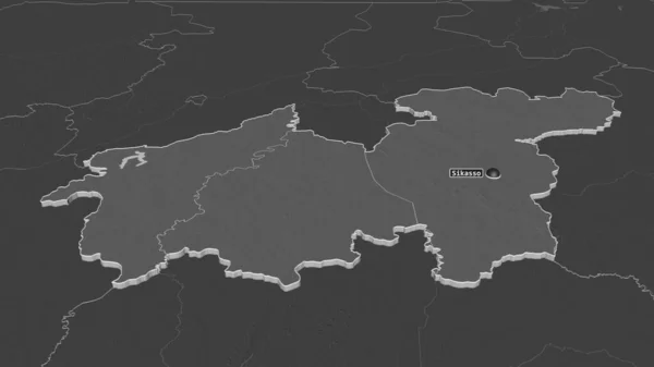 Zoom Sikasso Regione Del Mali Estruso Prospettiva Obliqua Mappa Elevazione — Foto Stock