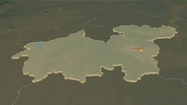 Zoom Auf Sikasso Region Mali Schräge Perspektive Topographische Reliefkarte Mit — Stockfoto