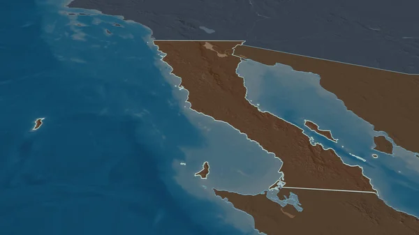 Zoom in on Baja California (state of Mexico) outlined. Oblique perspective. Colored and bumped map of the administrative division with surface waters. 3D rendering