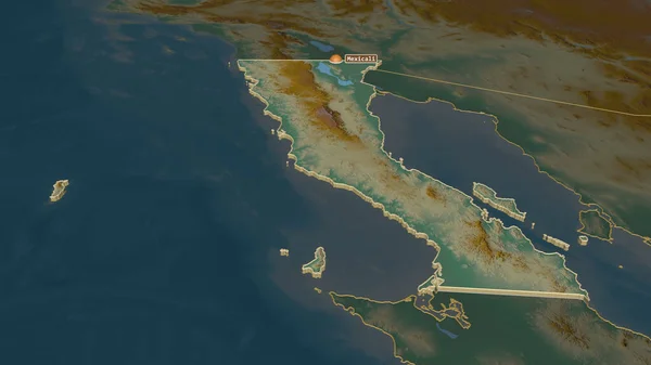 Zoom in on Baja California (state of Mexico) extruded. Oblique perspective. Topographic relief map with surface waters. 3D rendering