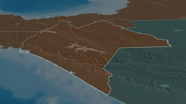 Zoom in on Chiapas (state of Mexico) outlined. Oblique perspective. Colored and bumped map of the administrative division with surface waters. 3D rendering