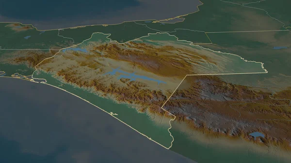 Zoom in on Chiapas (state of Mexico) outlined. Oblique perspective. Topographic relief map with surface waters. 3D rendering