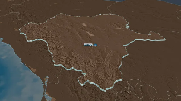 Zoom in on Durango (state of Mexico) extruded. Oblique perspective. Colored and bumped map of the administrative division with surface waters. 3D rendering