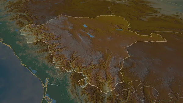 Zoom in on Durango (state of Mexico) outlined. Oblique perspective. Topographic relief map with surface waters. 3D rendering