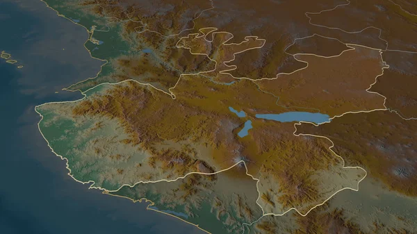 Zoom in on Jalisco (state of Mexico) outlined. Oblique perspective. Topographic relief map with surface waters. 3D rendering