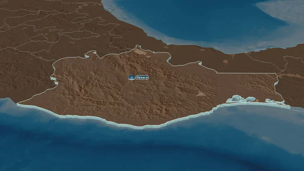 Zoom in on Oaxaca (state of Mexico) extruded. Oblique perspective. Colored and bumped map of the administrative division with surface waters. 3D rendering