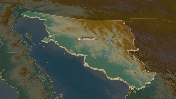 Zoom in on Sonora (state of Mexico) extruded. Oblique perspective. Topographic relief map with surface waters. 3D rendering