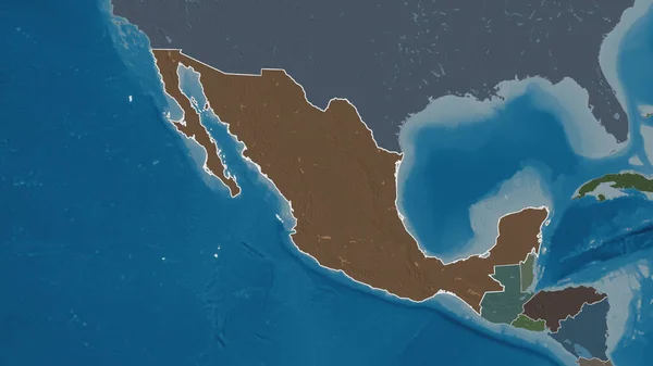 Outlined shape of the Mexico area. Colored and bumped map of the administrative division with surface waters. 3D rendering