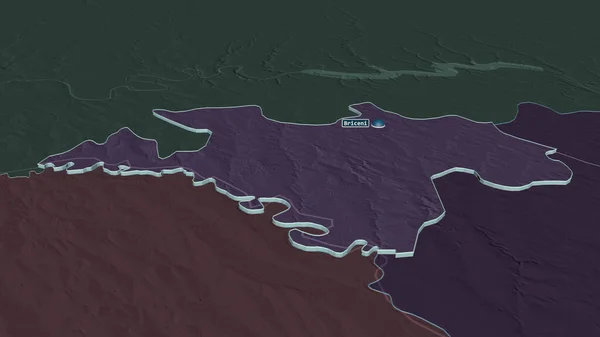 Zoom Briceni Distretto Della Moldavia Estruso Prospettiva Obliqua Mappa Colorata — Foto Stock