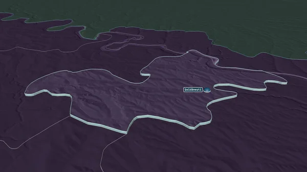 Zoom Soldanesti Distretto Della Moldavia Estruso Prospettiva Obliqua Mappa Colorata — Foto Stock