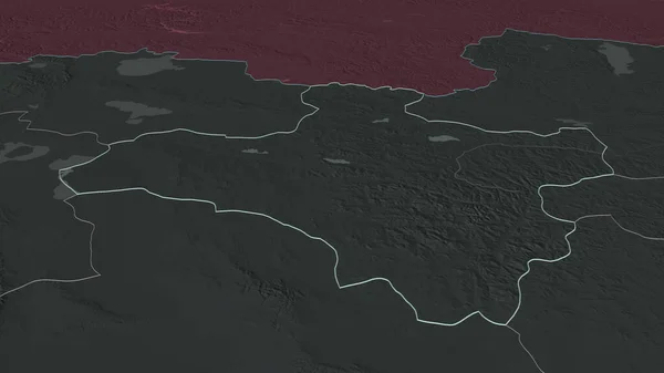 Zoom in on Dzavhan (province of Mongolia) outlined. Oblique perspective. Colored and bumped map of the administrative division with surface waters. 3D rendering