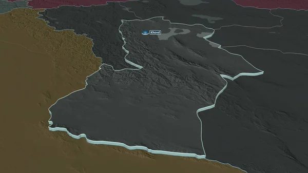 放大Hovd 蒙古省 斜的角度 用地表水绘制了行政区划的彩色和凹凸的地图 3D渲染 — 图库照片
