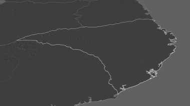 Nampula 'ya (Mozambik ili) yakınlaştır. Belirsiz bir bakış açısı. Yüzey sularıyla çift seviyeli yükseklik haritası. 3B görüntüleme