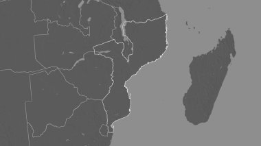 Mozambik bölgesinin ana hatları. Yüzey sularıyla çift seviyeli yükseklik haritası. 3B görüntüleme