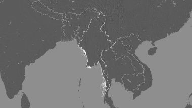 Myanmar bölgesinin ana hatları. Yüzey sularıyla çift seviyeli yükseklik haritası. 3B görüntüleme