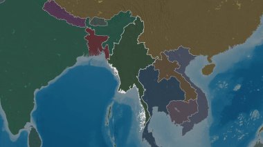 Myanmar bölgesinin ana hatları. Yüzey sularıyla birlikte idari bölümün renkli ve çarpık haritası. 3B görüntüleme