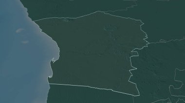 Erongo 'ya (Namibya bölgesi) yakınlaştır. Belirsiz bir bakış açısı. Yüzey sularıyla birlikte idari bölümün renkli ve çarpık haritası. 3B görüntüleme