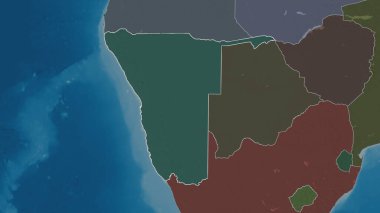 Namibya bölgesinin ana hatları. Yüzey sularıyla birlikte idari bölümün renkli ve çarpık haritası. 3B görüntüleme