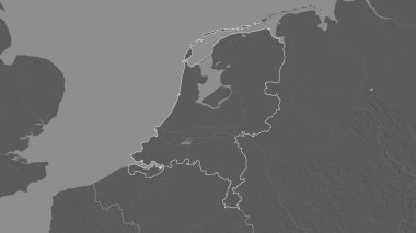 Hollanda bölgesinin ana hatlarıyla çizilmiş hali. Yüzey sularıyla çift seviyeli yükseklik haritası. 3B görüntüleme