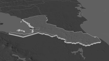 Rio San Juan 'a (Nikaragua Bölümü) yakınlaştır. Belirsiz bir bakış açısı. Yüzey sularıyla çift seviyeli yükseklik haritası. 3B görüntüleme