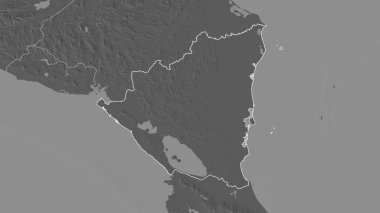 Nikaragua bölgesinin ana hatları. Yüzey sularıyla çift seviyeli yükseklik haritası. 3B görüntüleme