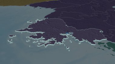 Hwanghae-namdo 'ya (Kuzey Kore ili) yakınlaştır. Belirsiz bir bakış açısı. Yüzey sularıyla birlikte idari bölümün renkli ve çarpık haritası. 3B görüntüleme