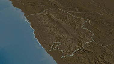 Ancash 'e (Peru bölgesi) yakınlaştır. Belirsiz bir bakış açısı. Yüzey sularıyla birlikte idari bölümün renkli ve çarpık haritası. 3B görüntüleme