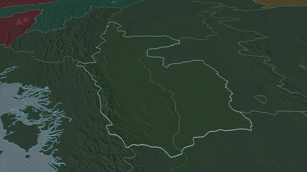 Zoom in on Magway (division of Myanmar) outlined. Oblique perspective. Colored and bumped map of the administrative division with surface waters. 3D rendering