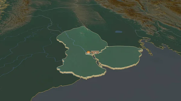 Zoom Yangon Divisie Van Myanmar Geëxtrudeerd Obliek Perspectief Topografische Reliëfkaart — Stockfoto