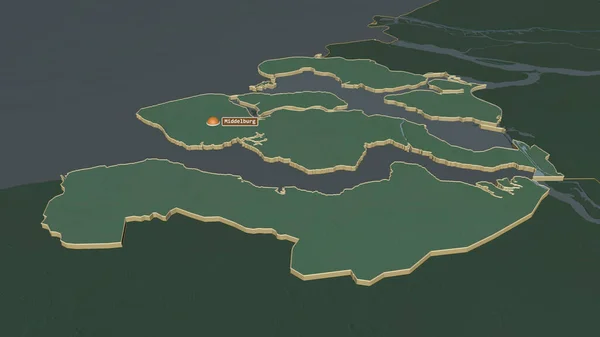 放大在泽兰 荷兰省 斜的角度 带有地表水的地形图 3D渲染 — 图库照片
