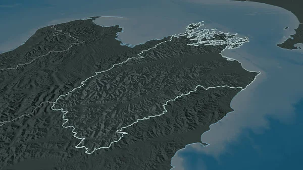 Marlborough ニュージーランドの統一当局 でズームアウト概要 嘘の見方だ 水面と行政区画の色と衝突した地図 3Dレンダリング — ストック写真
