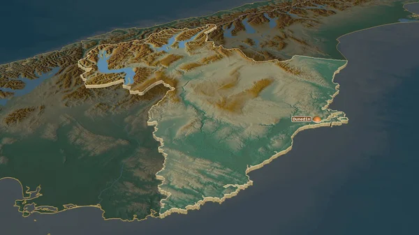 加大对Otago 新西兰区域理事会 的控制力度 斜的角度 带有地表水的地形图 3D渲染 — 图库照片