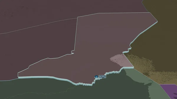 Zoom Diffa Dipartimento Del Niger Estruso Prospettiva Obliqua Mappa Colorata — Foto Stock