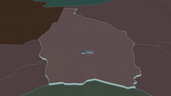 Tahoua Department Nigerah でズームアウト 嘘の見方だ 水面と行政区画の色と衝突した地図 3Dレンダリング — ストック写真