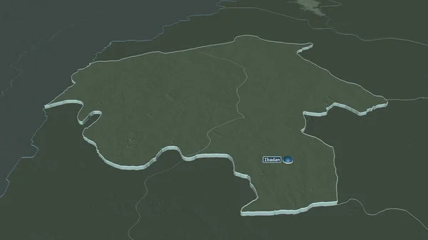 放大奥约 尼日利亚州 斜的角度 用地表水绘制了行政区划的彩色和凹凸的地图 3D渲染 — 图库照片