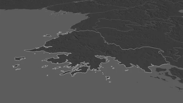 放大Hwanghae Namdo 北朝鲜省 斜的角度 带地表水的双层高程图 3D渲染 — 图库照片