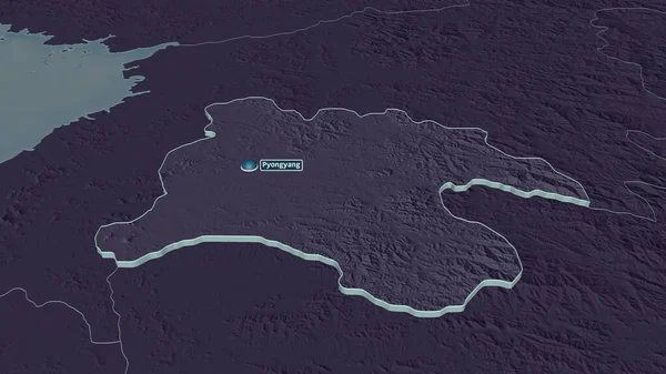 Zoom in on P\'yongyang (special city of North Korea) extruded. Oblique perspective. Colored and bumped map of the administrative division with surface waters. 3D rendering