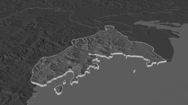 Zoom in on Rason (directly governed city of North Korea) extruded. Oblique perspective. Bilevel elevation map with surface waters. 3D rendering