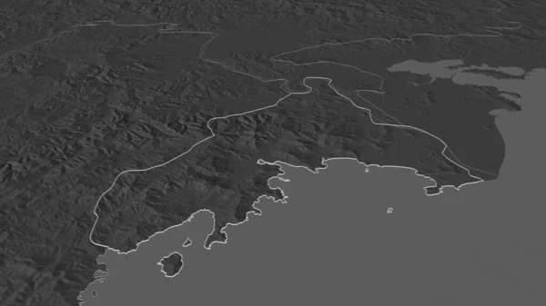Zoom in on Rason (directly governed city of North Korea) outlined. Oblique perspective. Bilevel elevation map with surface waters. 3D rendering