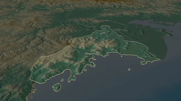 Zoom in on Rason (directly governed city of North Korea) outlined. Oblique perspective. Topographic relief map with surface waters. 3D rendering
