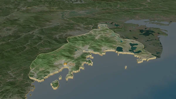 Zoom in on Rason (directly governed city of North Korea) extruded. Oblique perspective. Satellite imagery. 3D rendering
