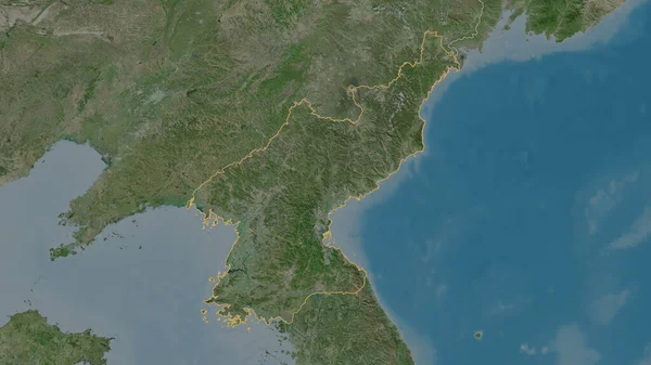 Outlined shape of the North Korea area. Satellite imagery. 3D rendering
