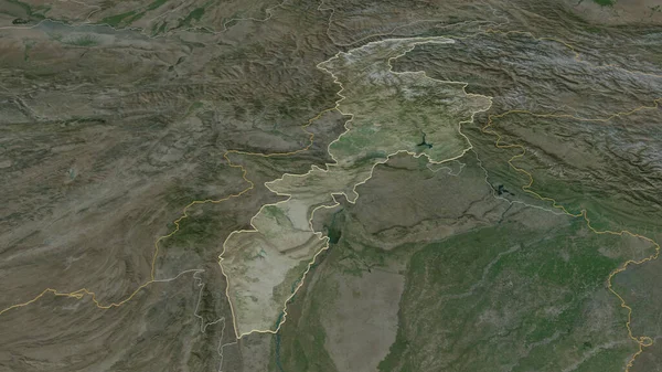 Zoom Province Pakistan Outlined Oblique Perspective Satellite Imagery Rendering — Stock Photo, Image