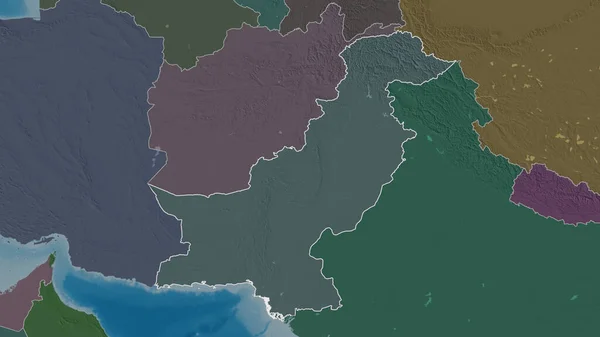 Outlined shape of the Pakistan area. Colored and bumped map of the administrative division with surface waters. 3D rendering
