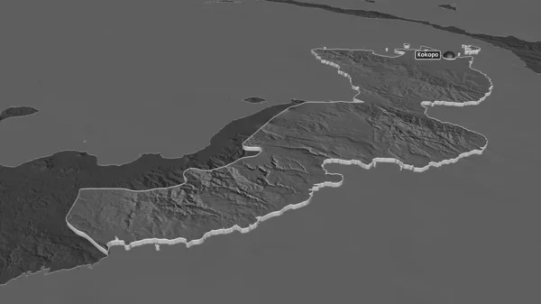 Zoom in on East New Britain (province of Papua New Guinea) extruded. Oblique perspective. Bilevel elevation map with surface waters. 3D rendering