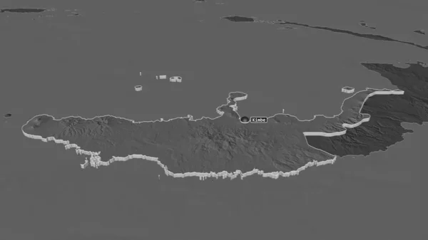 Zoom in on West New Britain (province of Papua New Guinea) extruded. Oblique perspective. Bilevel elevation map with surface waters. 3D rendering