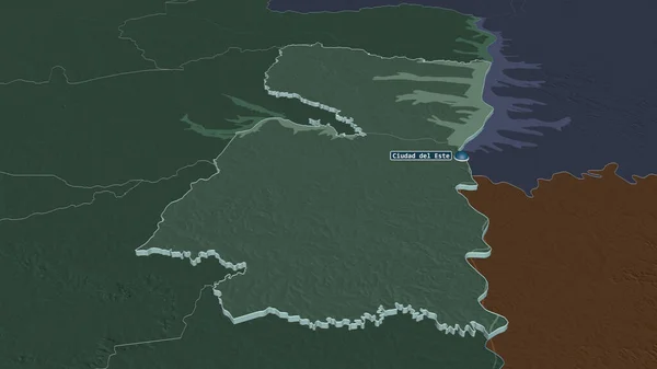 Alto Parana Department Paraguary でズームアウト 嘘の見方だ 水面と行政区画の色と衝突した地図 3Dレンダリング — ストック写真